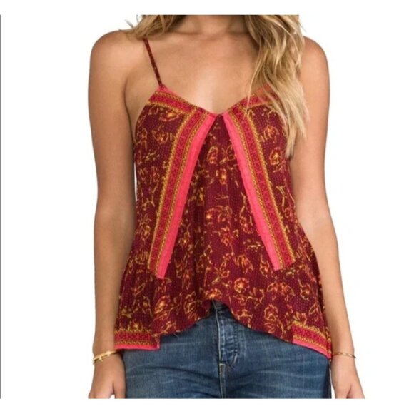 Free People Womens Small Blouse Flowy Floral Strappy Tank Top Boho Burgundy - Picture 1 of 9